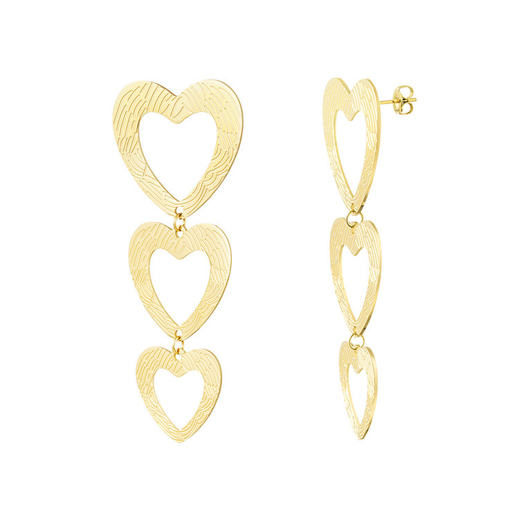 Gold Bold Triple Hearts Textured Earrings