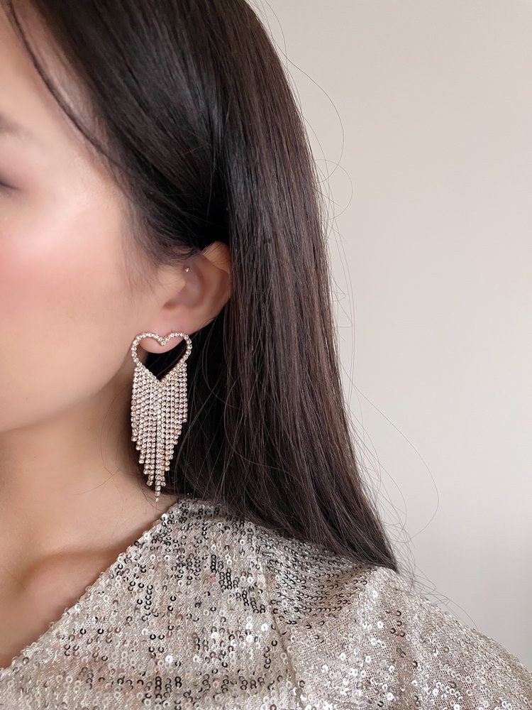 Silver Rhinestone Heart Dangle Earrings