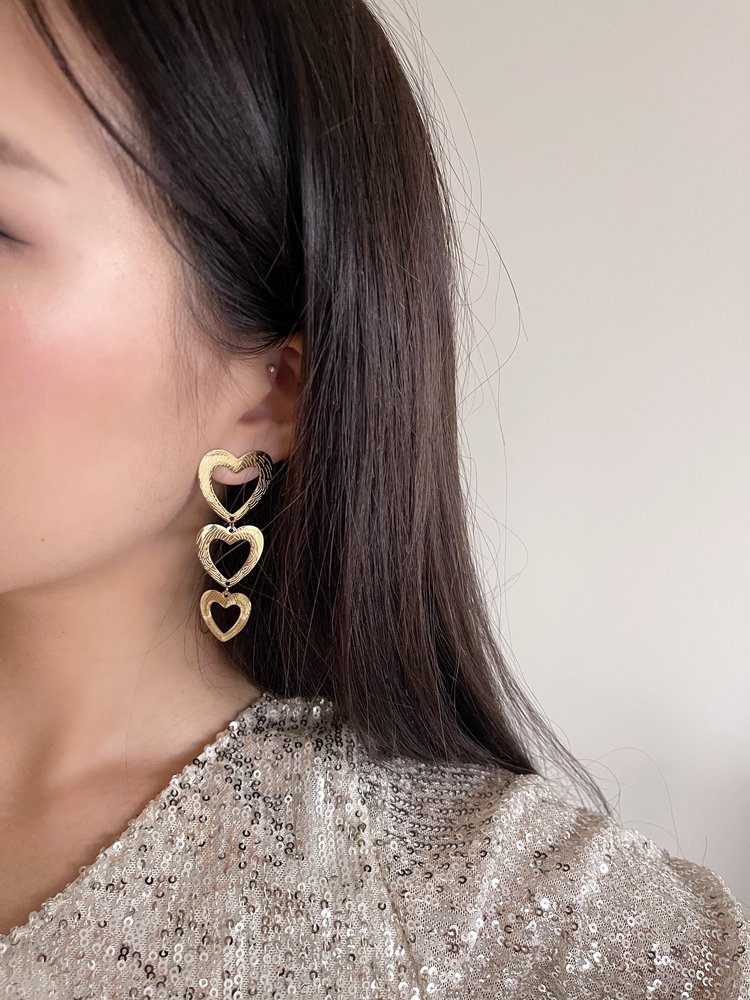 Gold Bold Triple Hearts Textured Earrings