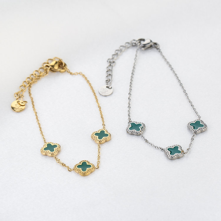 Gold Triple Clover Bracelet / Green