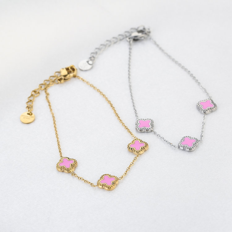 Gold Triple Clover Bracelet / Pink