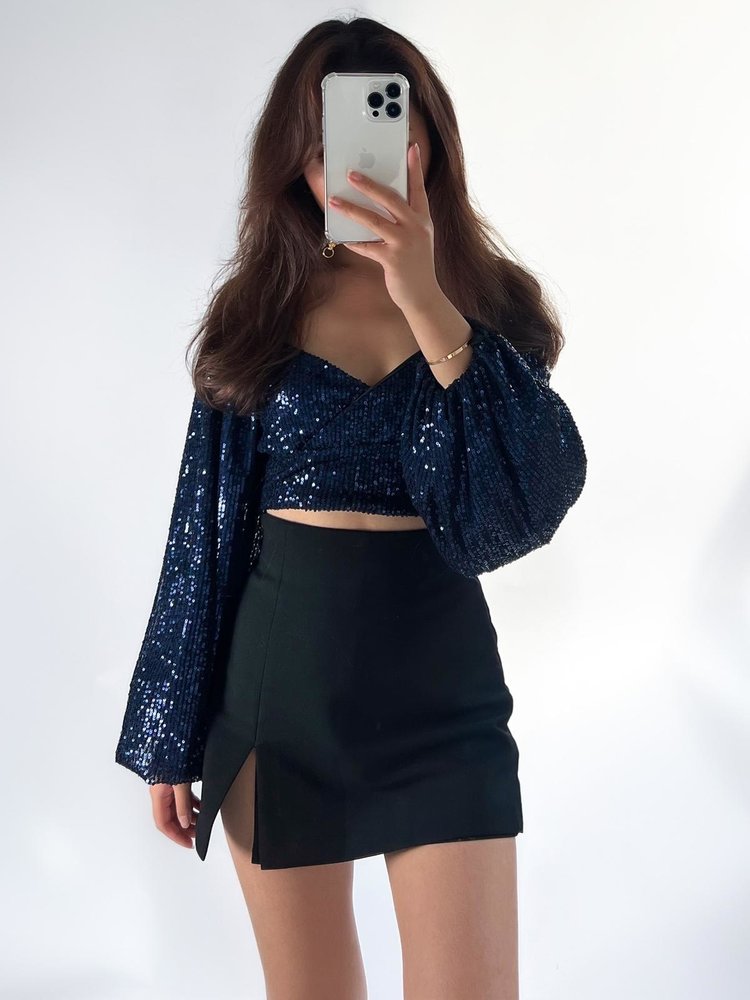Mirah Sequin Crop Top / Navy Blue