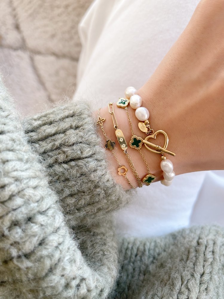 Gold Heart Lock Pearl Bracelet