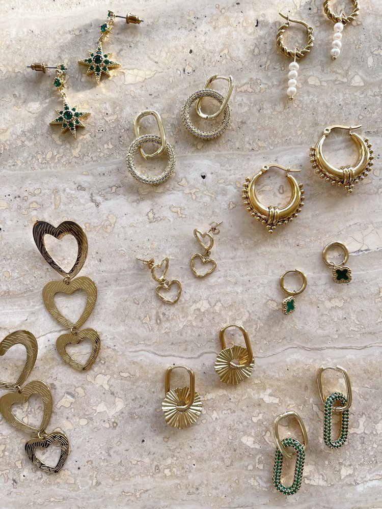 Gold Linked Zircon Earrings / Green Large