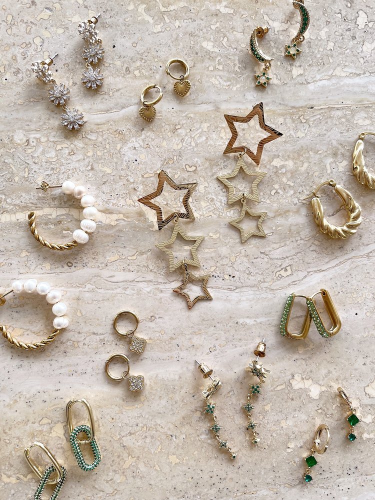 Gold Falling Stars Earrings / Green