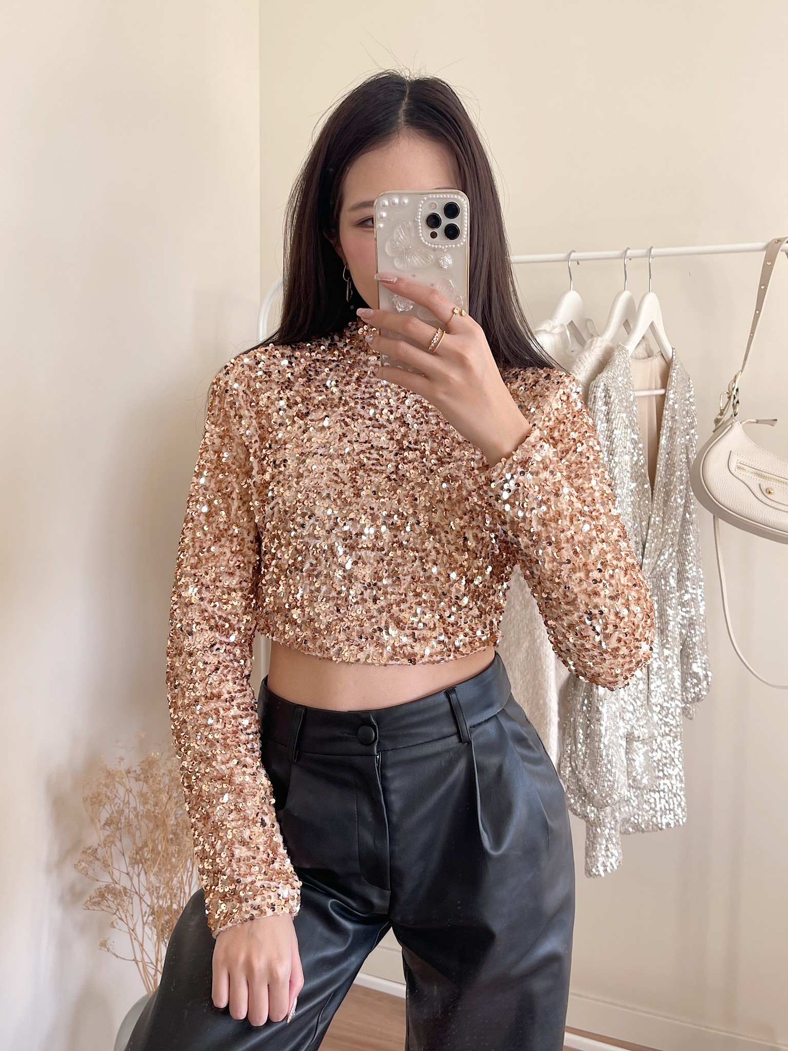 She's Got It All Gold Sequin Faux-Wrap Long Sleeve Crop Top  Gold long  sleeve tops, Long sleeve crop top, Sequin bodycon dress