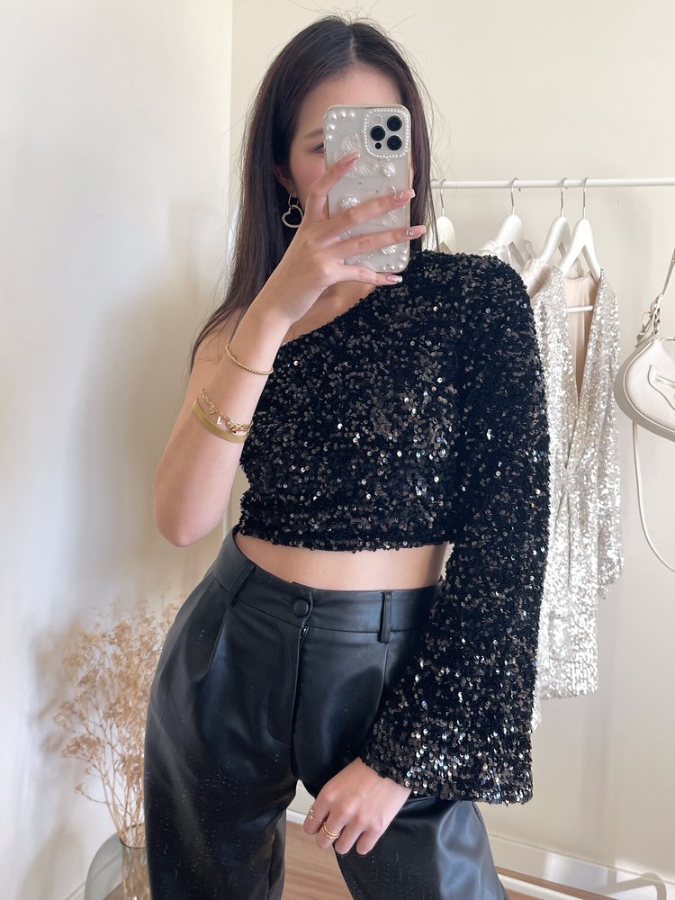 Felice Sequin Crop Top / Black