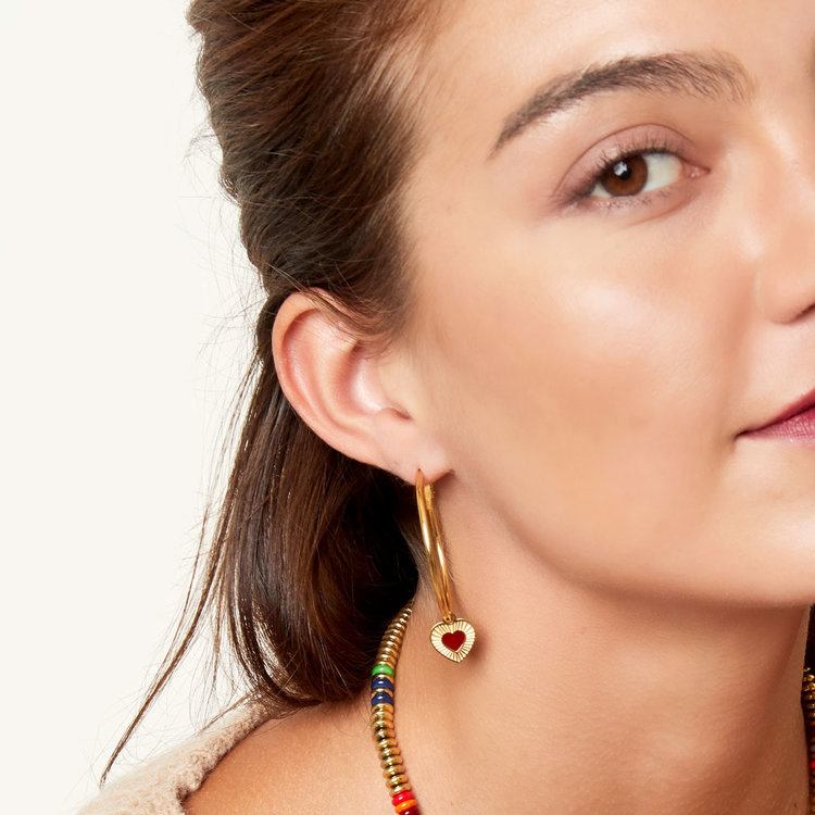 Gold Heart Charm Hoop Earrings / Green