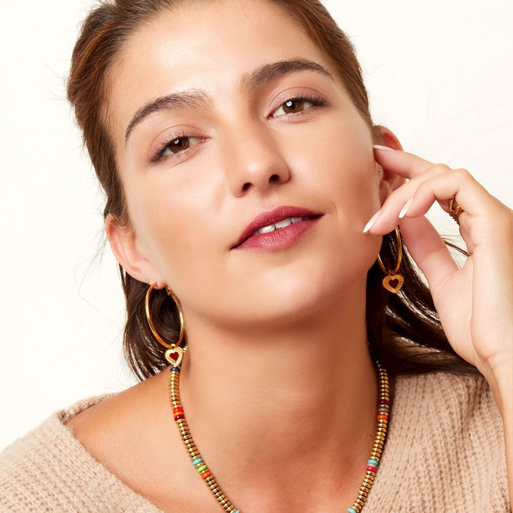 Gold Heart Charm Hoop Earrings / Green