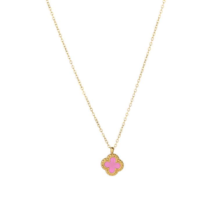 Gold Vintage Clover Charm Necklace / Pink