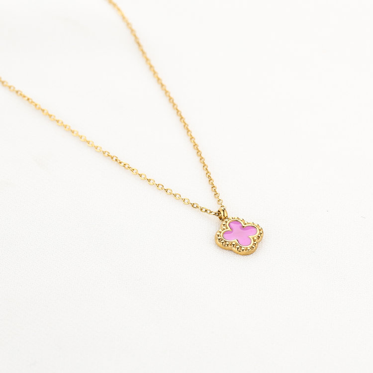Gold Vintage Clover Charm Necklace / Pink