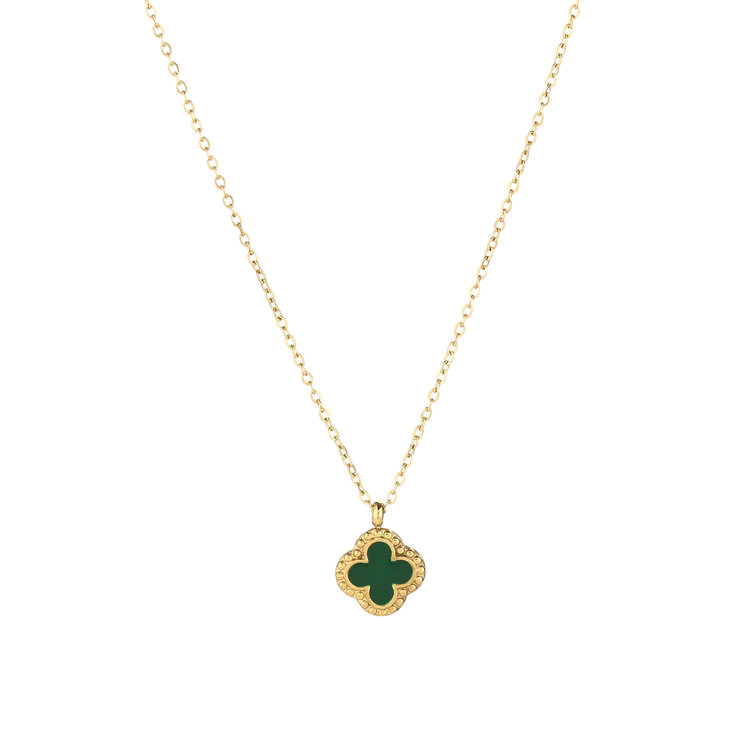 Gold Vintage Clover Charm Necklace / Green