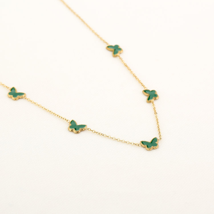 Gold Dainty Butterfly Necklace / Green