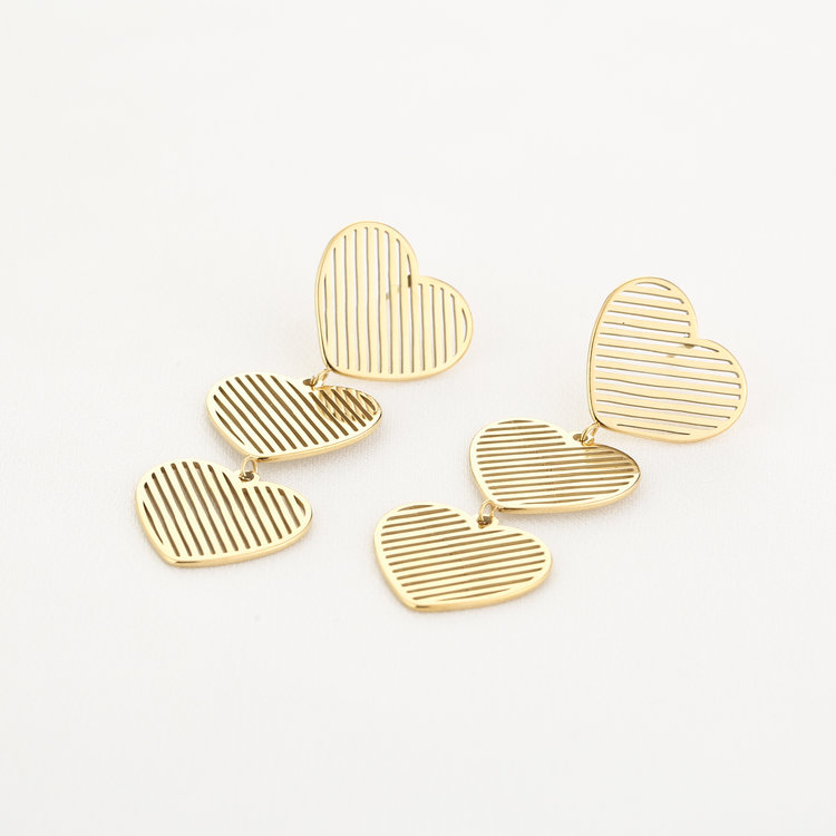 Gold Triple Textured Heart Earrings