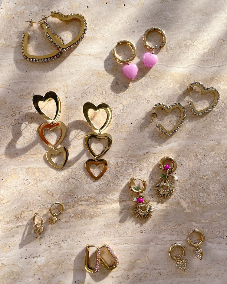 Gold Heart Zircon Hoop Earrings / Rainbow