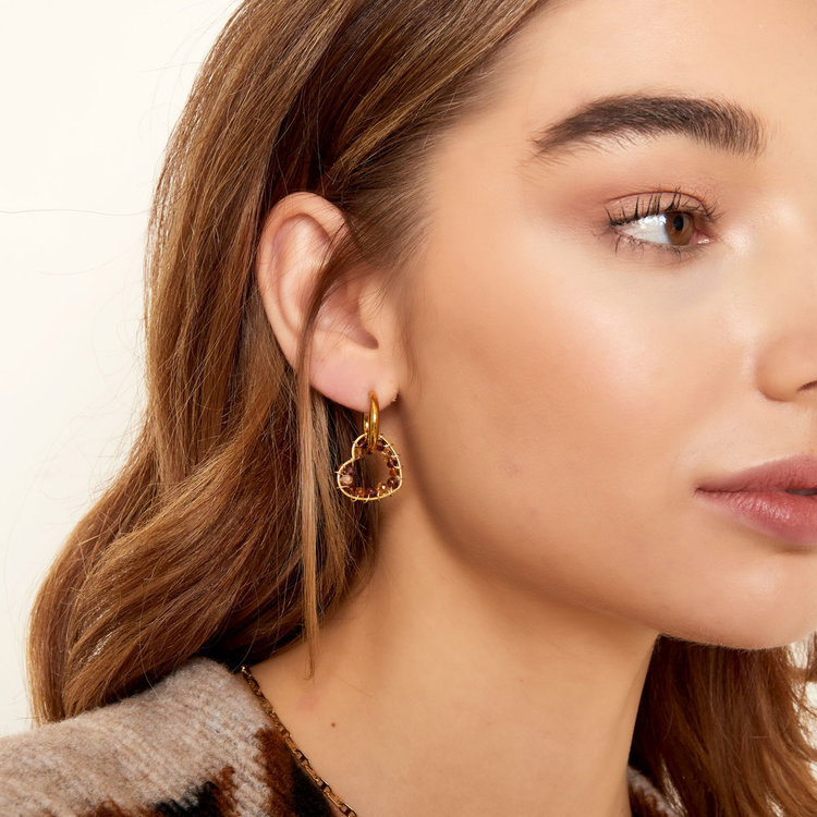 Gold Falling Heart Beads Earrings / Beige