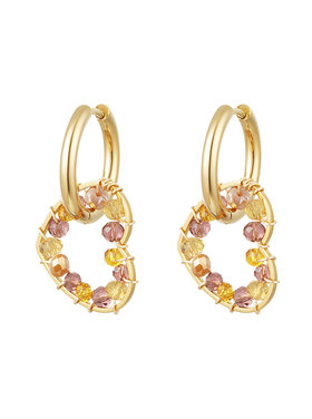 Gold Falling Heart Beads Earrings / Beige