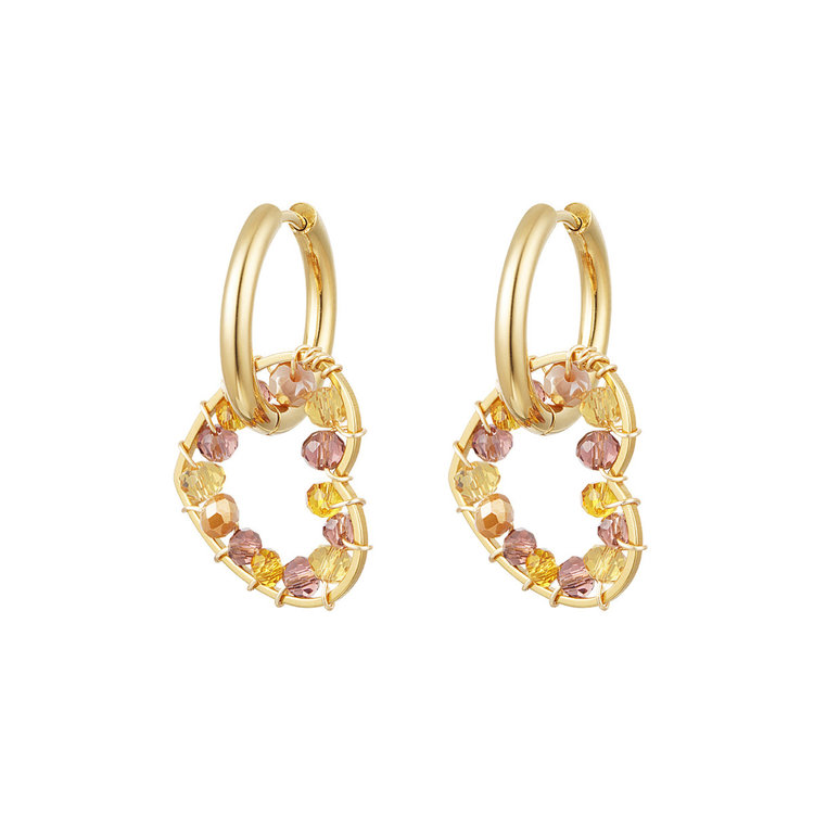 Gold Falling Heart Beads Earrings / Beige