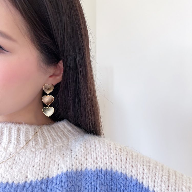Gold Triple Textured Heart Earrings