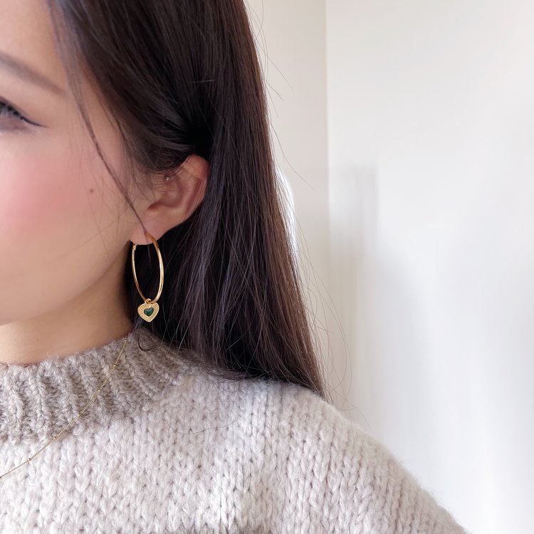 Gold Heart Charm Hoop Earrings / Green