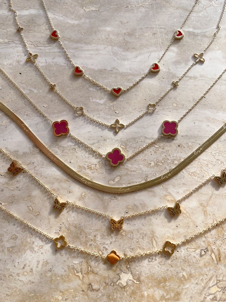 Gold Lucky Clover Necklace / Fuchsia