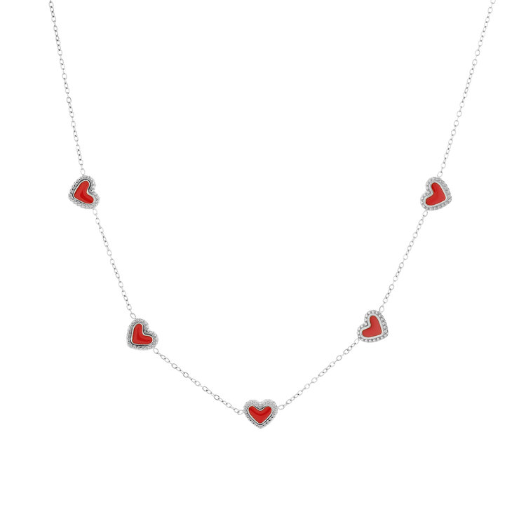 Silver Vintage Heart Necklace / Red