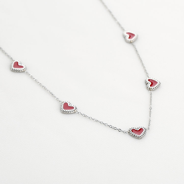 Silver Vintage Heart Necklace / Red