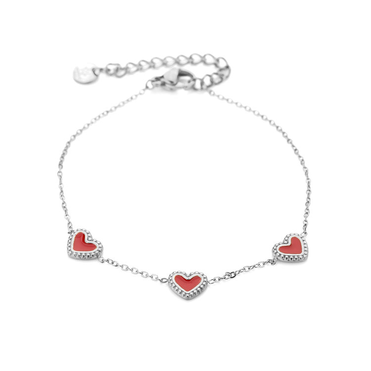 Silver Vintage Heart Bracelet / Red