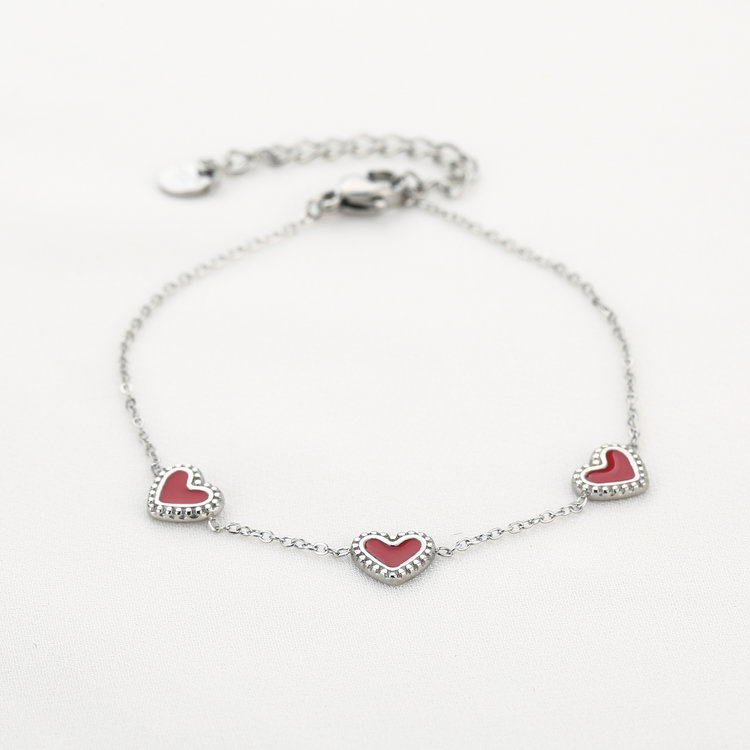 Silver Vintage Heart Bracelet / Red