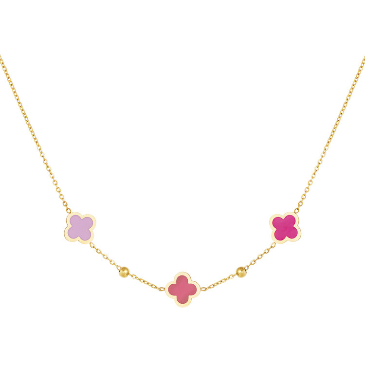 Gold Lucky Clover Mixed Necklace / Pink