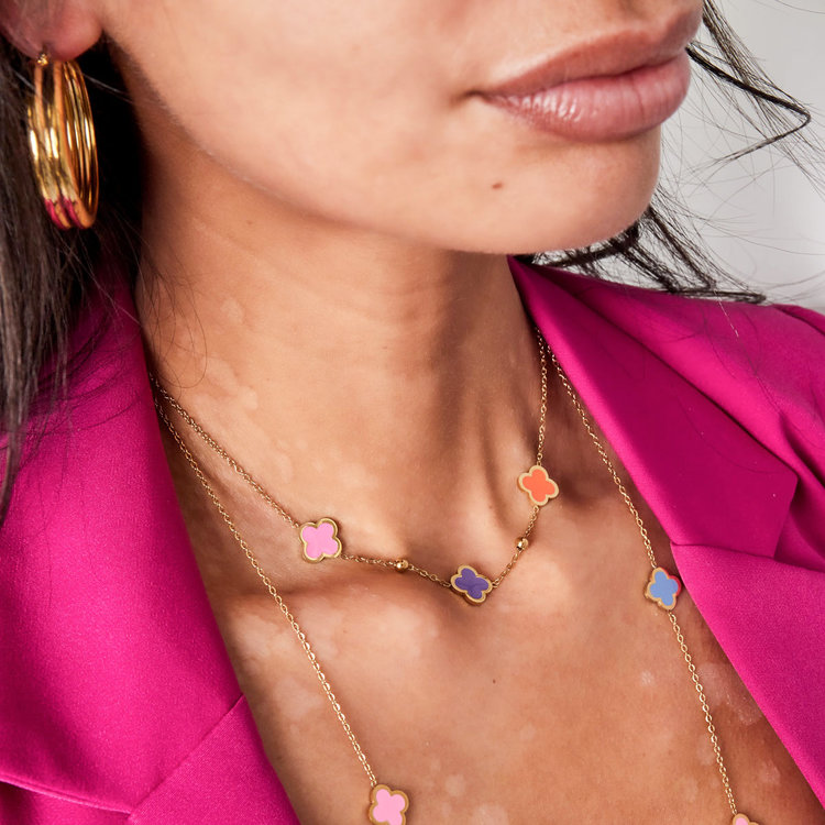 Gold Lucky Clover Mixed Necklace / Pink