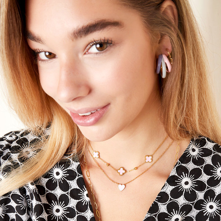 Silver Lucky Clover Mixed Necklace / Pink