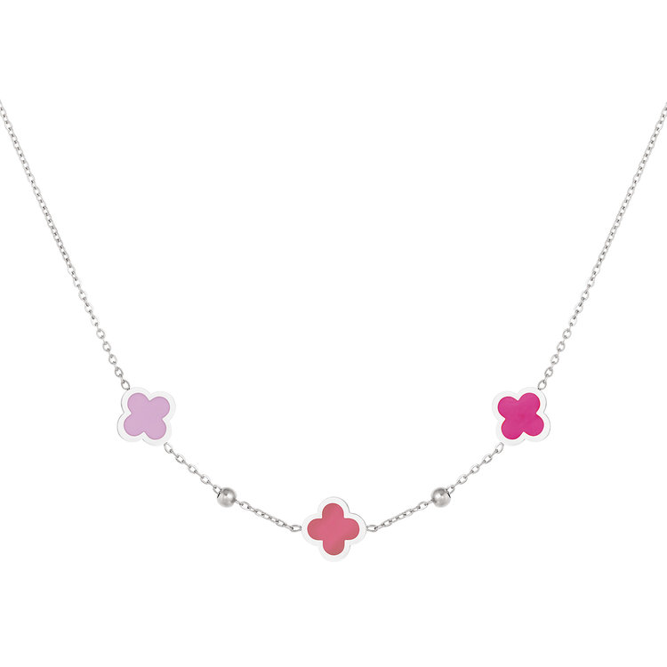Silver Lucky Clover Mixed Necklace / Pink