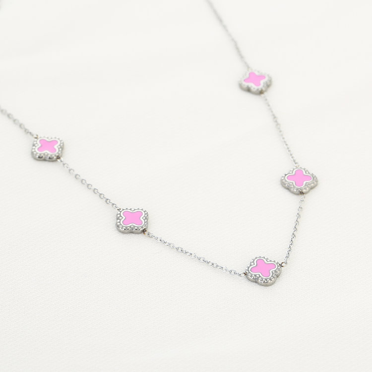 Silver Vintage Clover Necklace / Pink