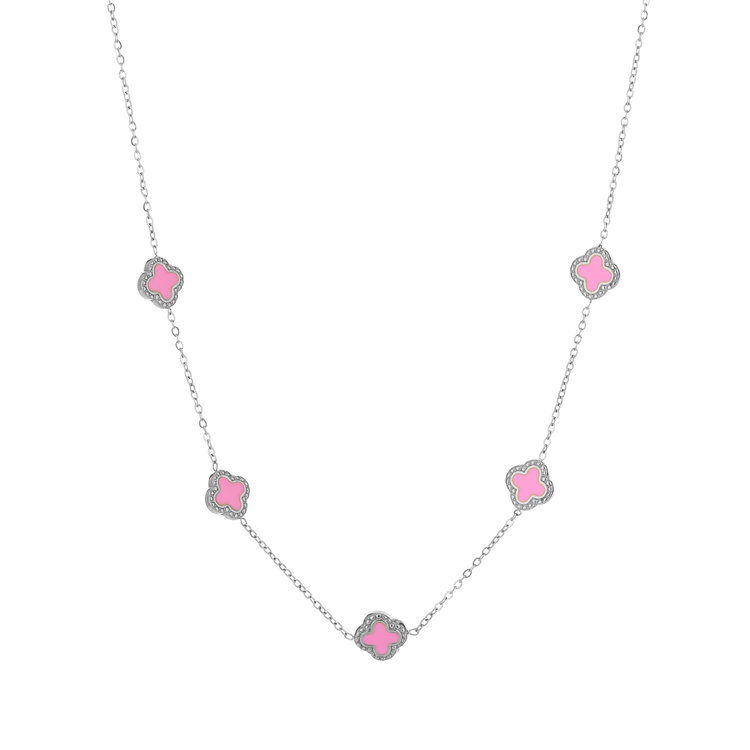 Silver Vintage Clover Necklace / Pink