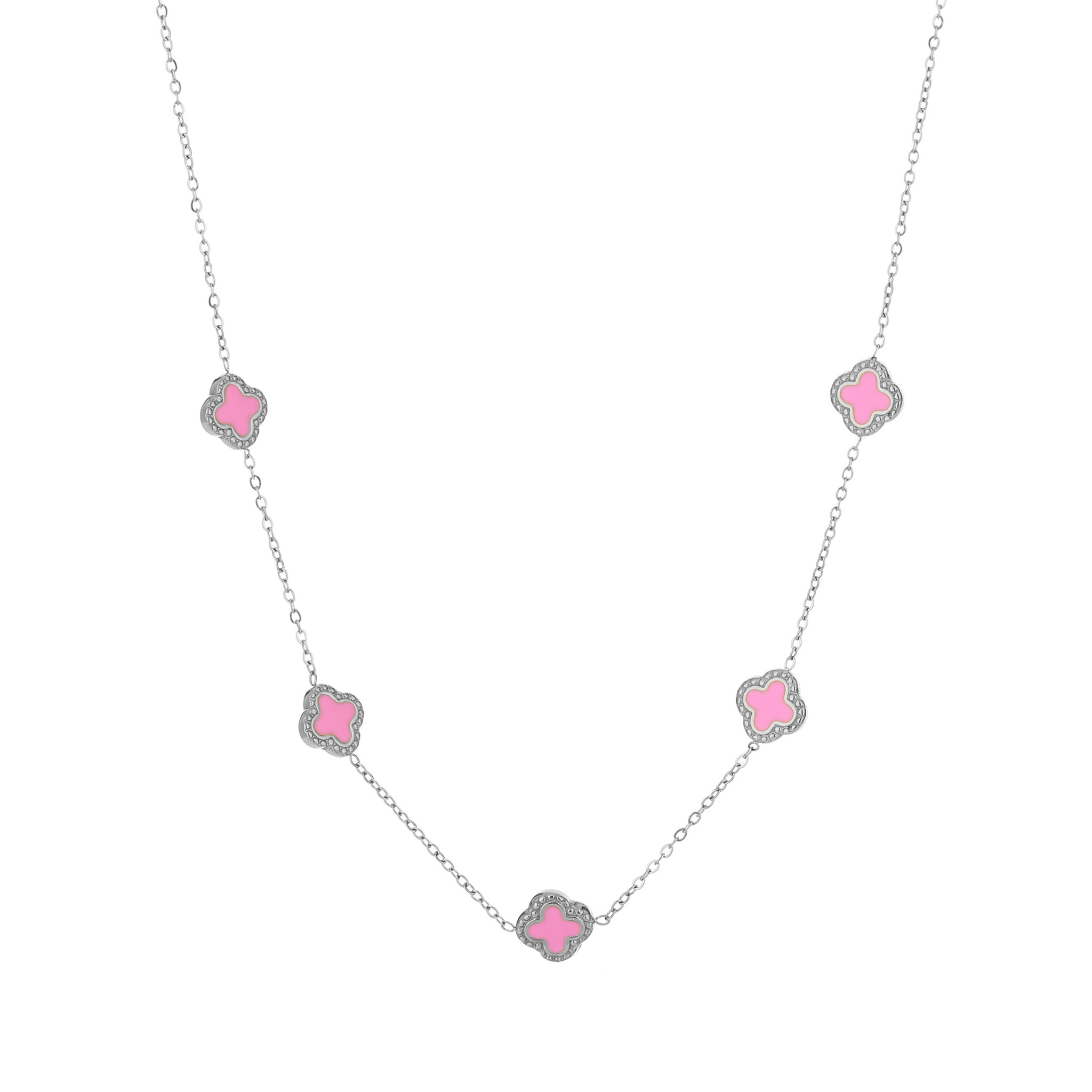 Silver Vintage Clover Necklace Pink