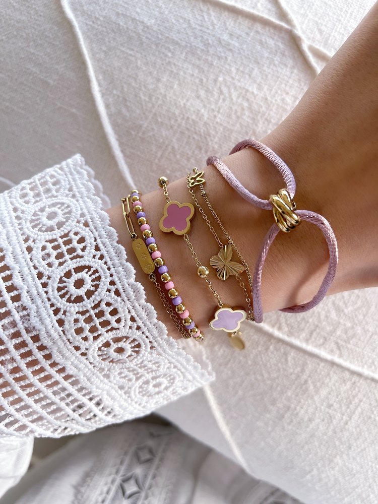 Gold Lucky Clover Mixed Bracelet / Pink