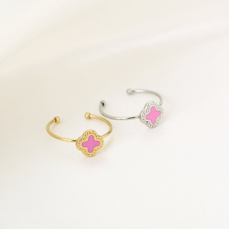 Silver Vintage Clover Ring / Pink