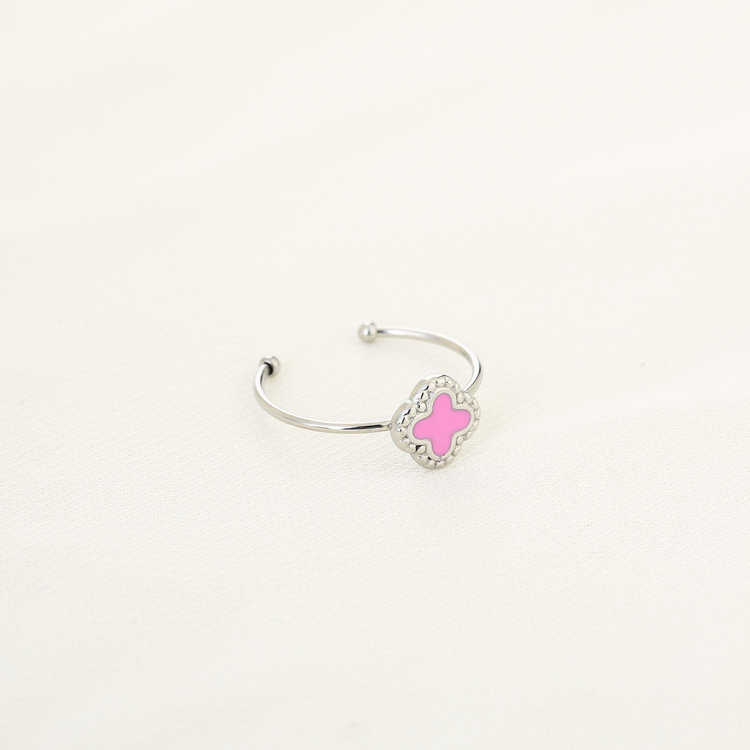 Silver Vintage Clover Ring / Pink