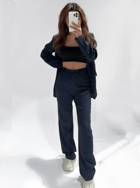 Onyx Pinstripe Wide Leg Trousers / Navy Blue
