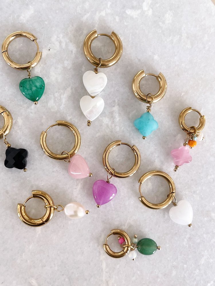 Silver Pearl Heart Beads Earrings / White