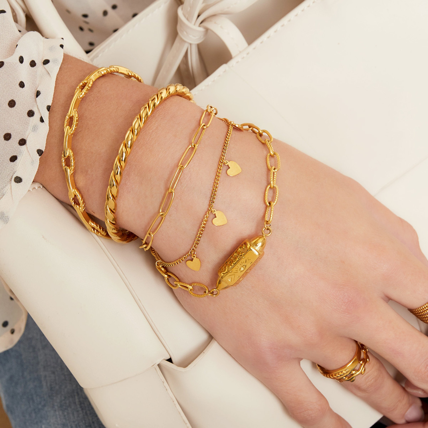 916 Gold Double Chain Mini Hearts Sand Based Bracelet - Orient Jewellers  Singapore