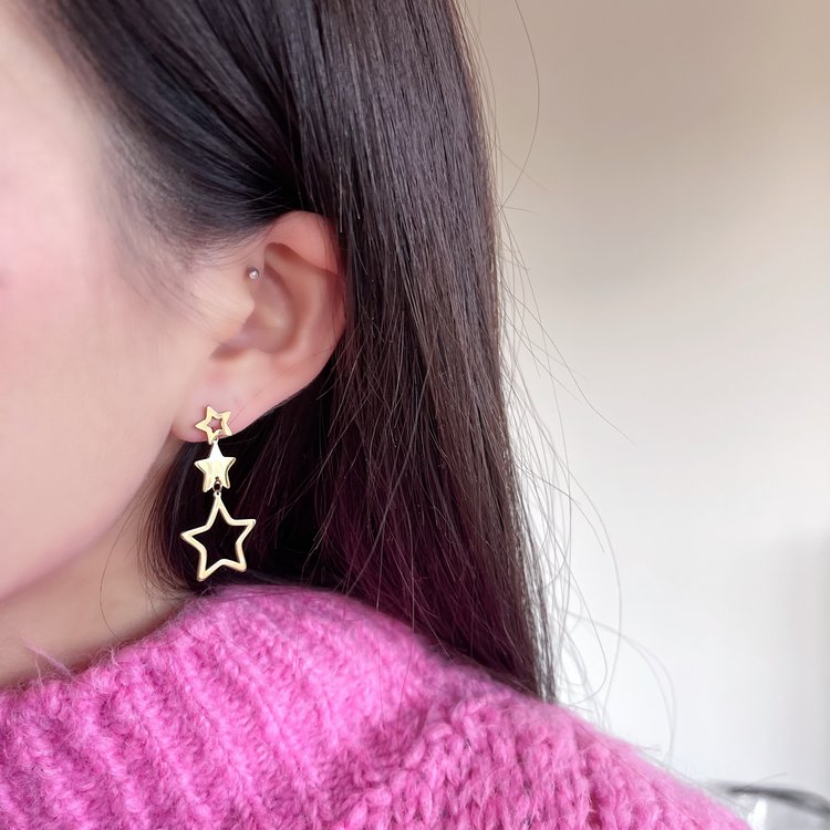 Gold Triple Star Drop Earrings
