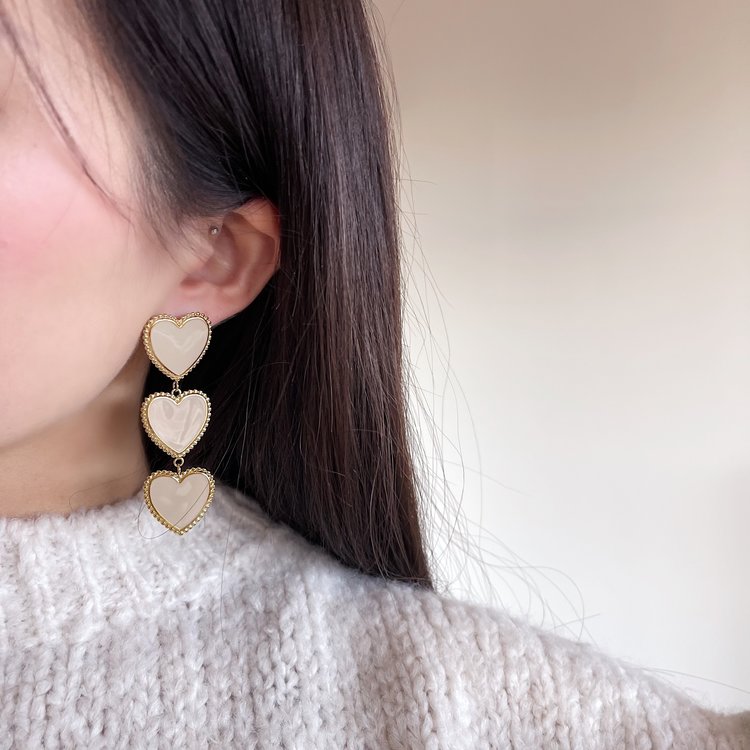 Gold Vintage Heart Statement Earrings / Beige