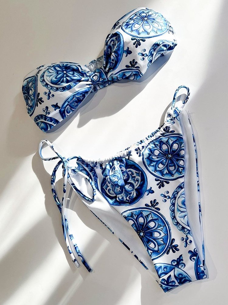 Mykonos Print Bikini Set / White & Blue