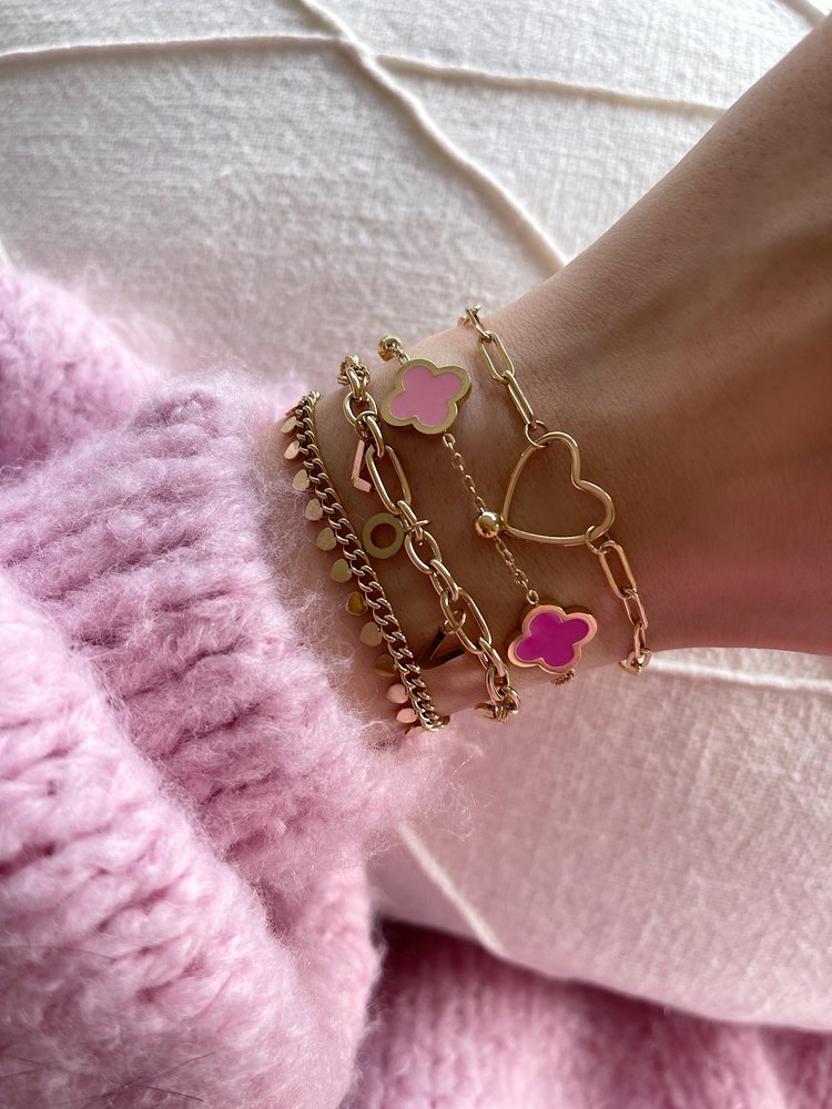 Gold Lucky Clover Mixed Bracelet / Pink