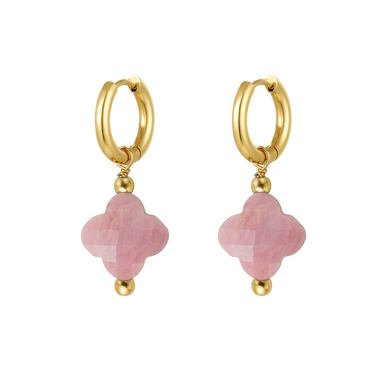 Gold Crystal Clover Earrings / Rhodochrosite