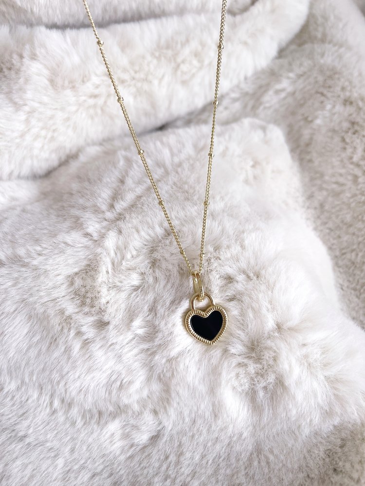 Gold Double Sided Heart Necklace / Black & White
