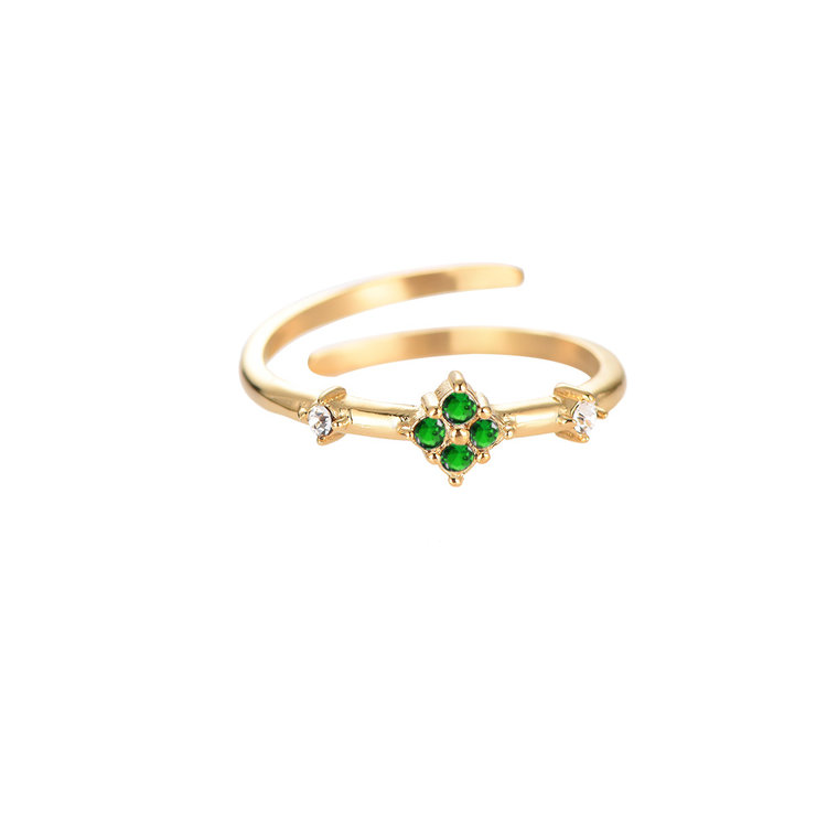 Gold Crystal Flower Ring / Green