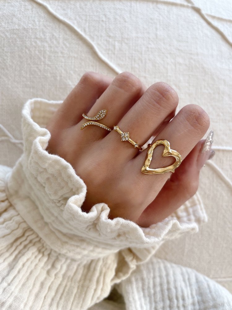 Gold Crystal Flower Ring / White